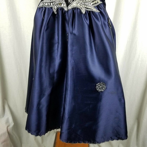 Vintage Navy Blue Velvet Chiffon Jeweled Prom Pageant Dress Junior 2XL Womens XS - Picture 4 of 10
